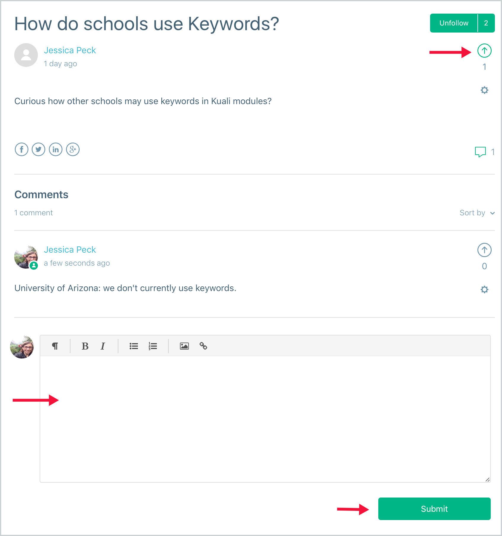Screenshot indicating where the vote icon is located and where to add comments