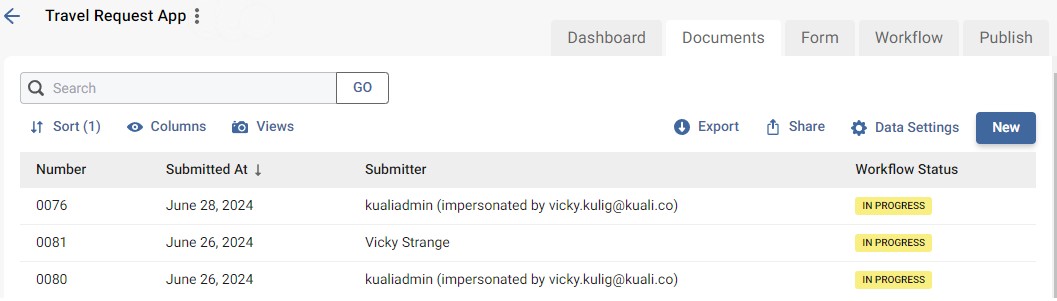 Screenshot of document list