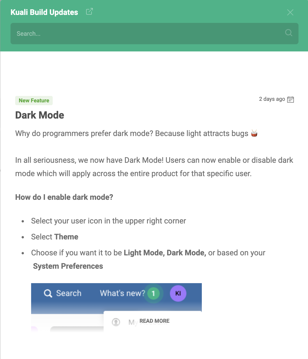 Screenshot showing the new updates