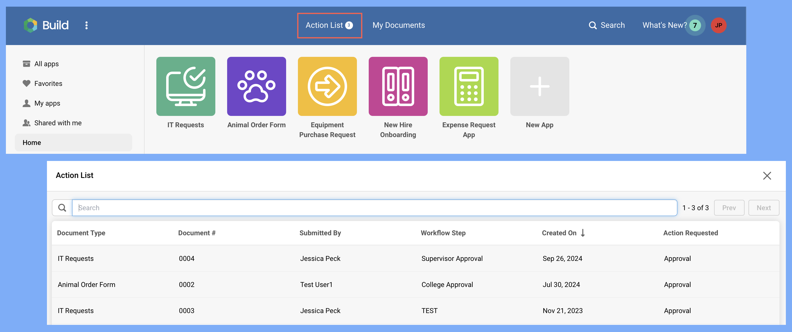 Location of the action list