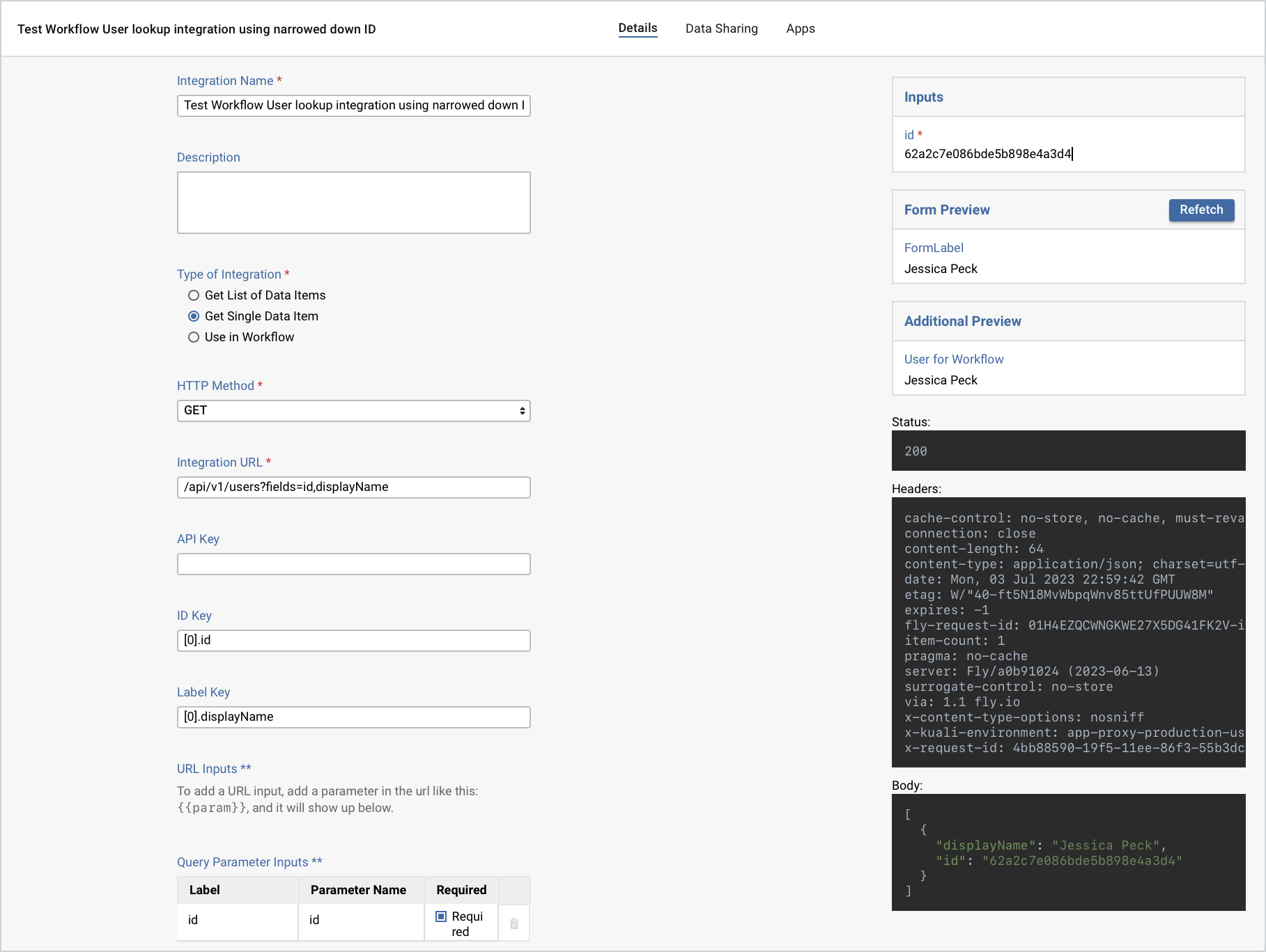 Screenshot of integration settings