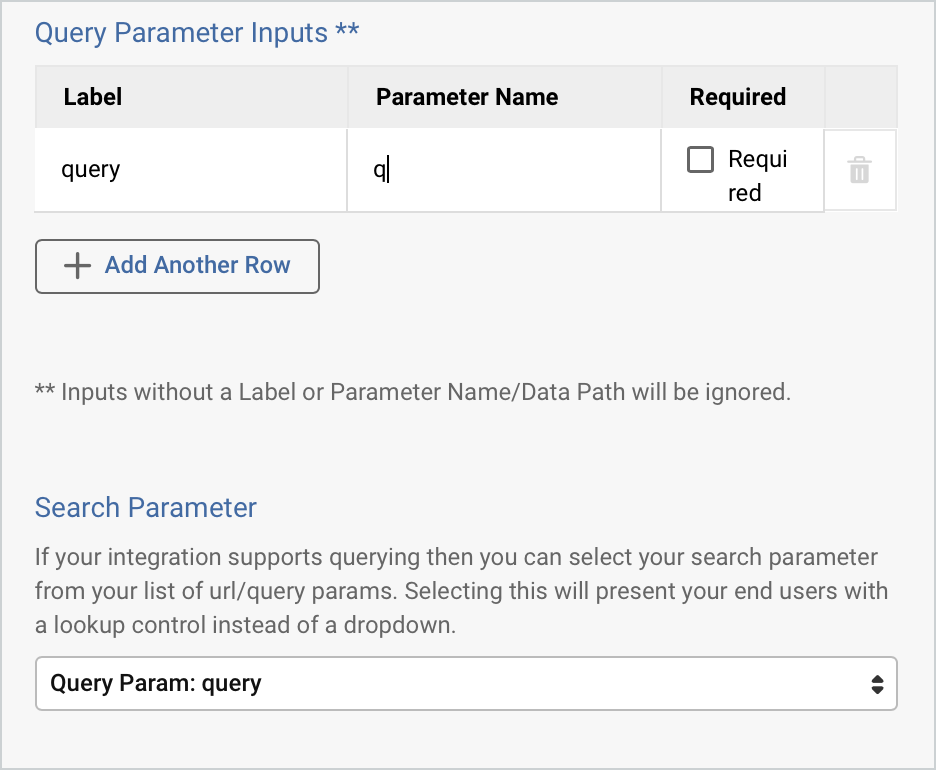 Screenshot Parameter Inputs for integration