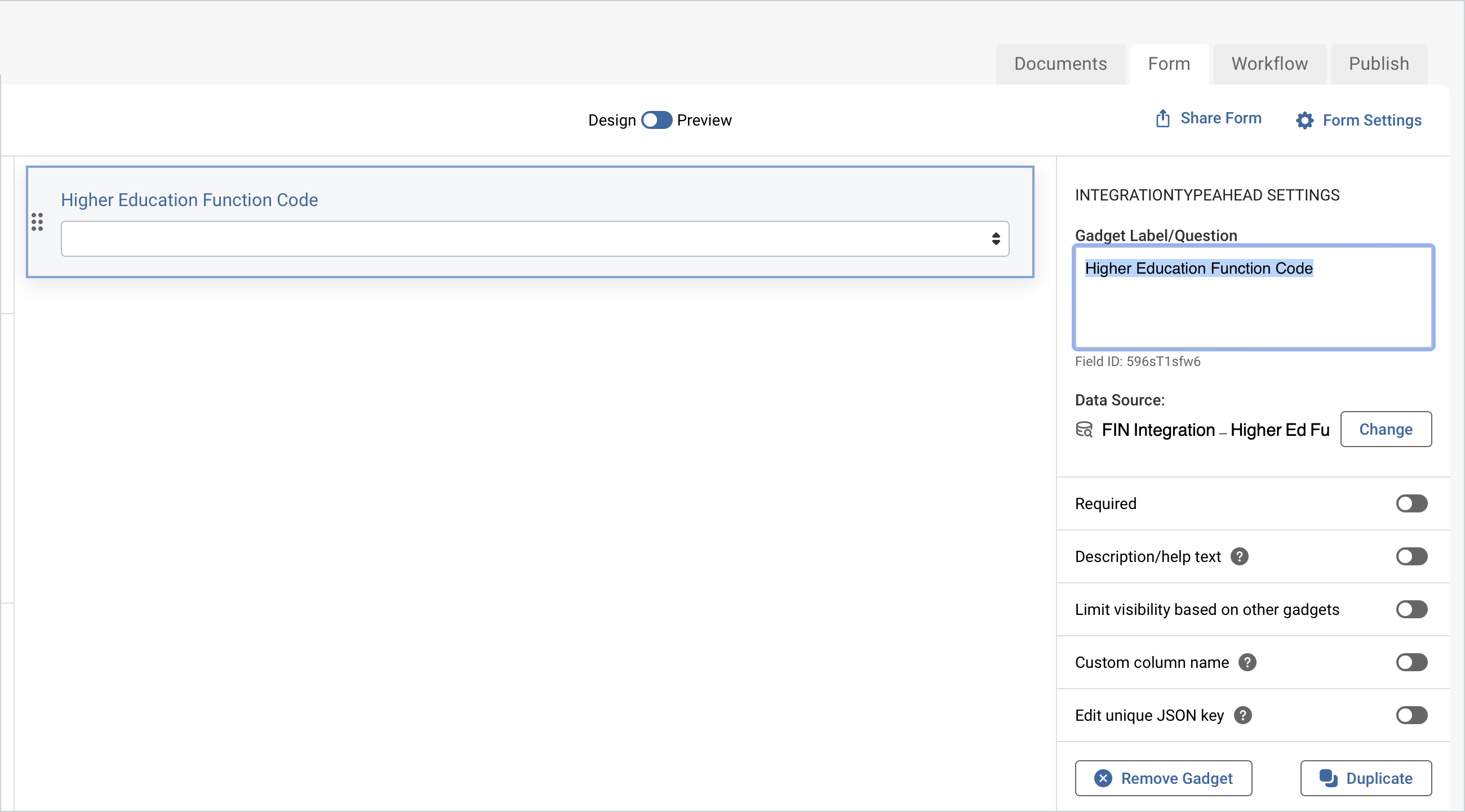 Screenshot of the higher ed function code integration on a form