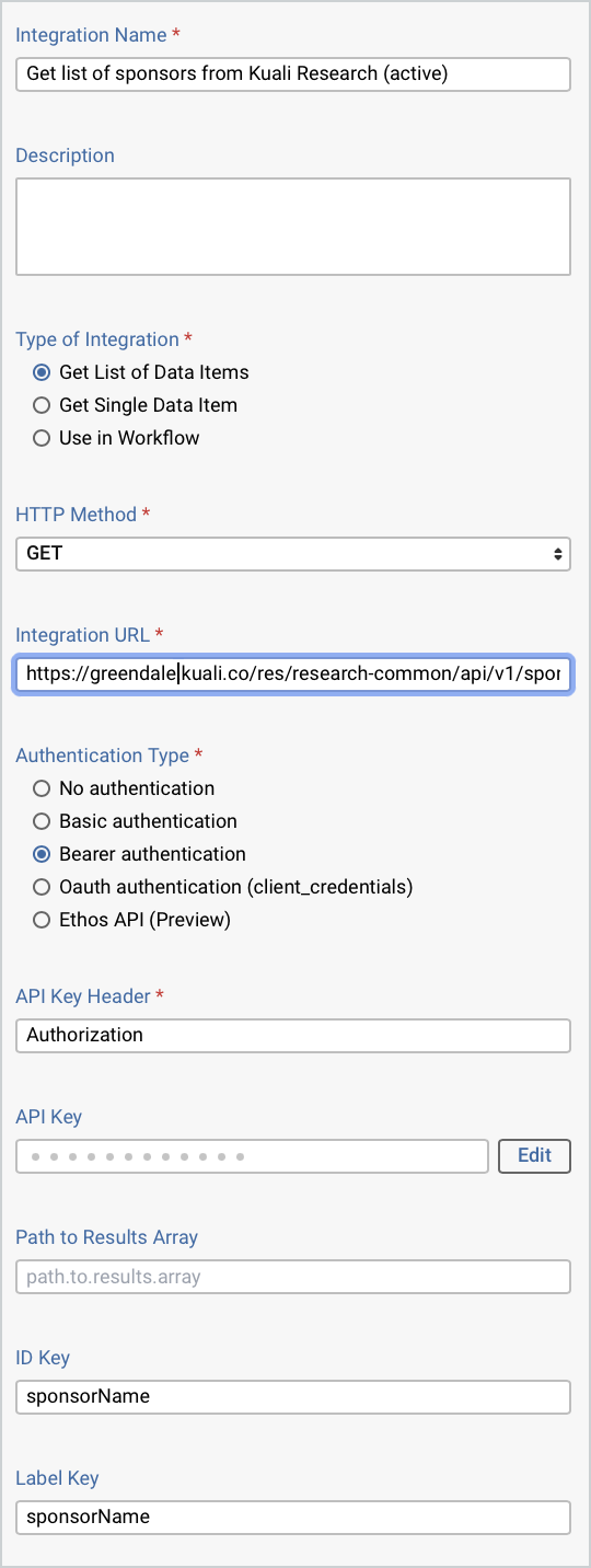 Screenshot of integration settings to get a list of sponsors from Kuali Research