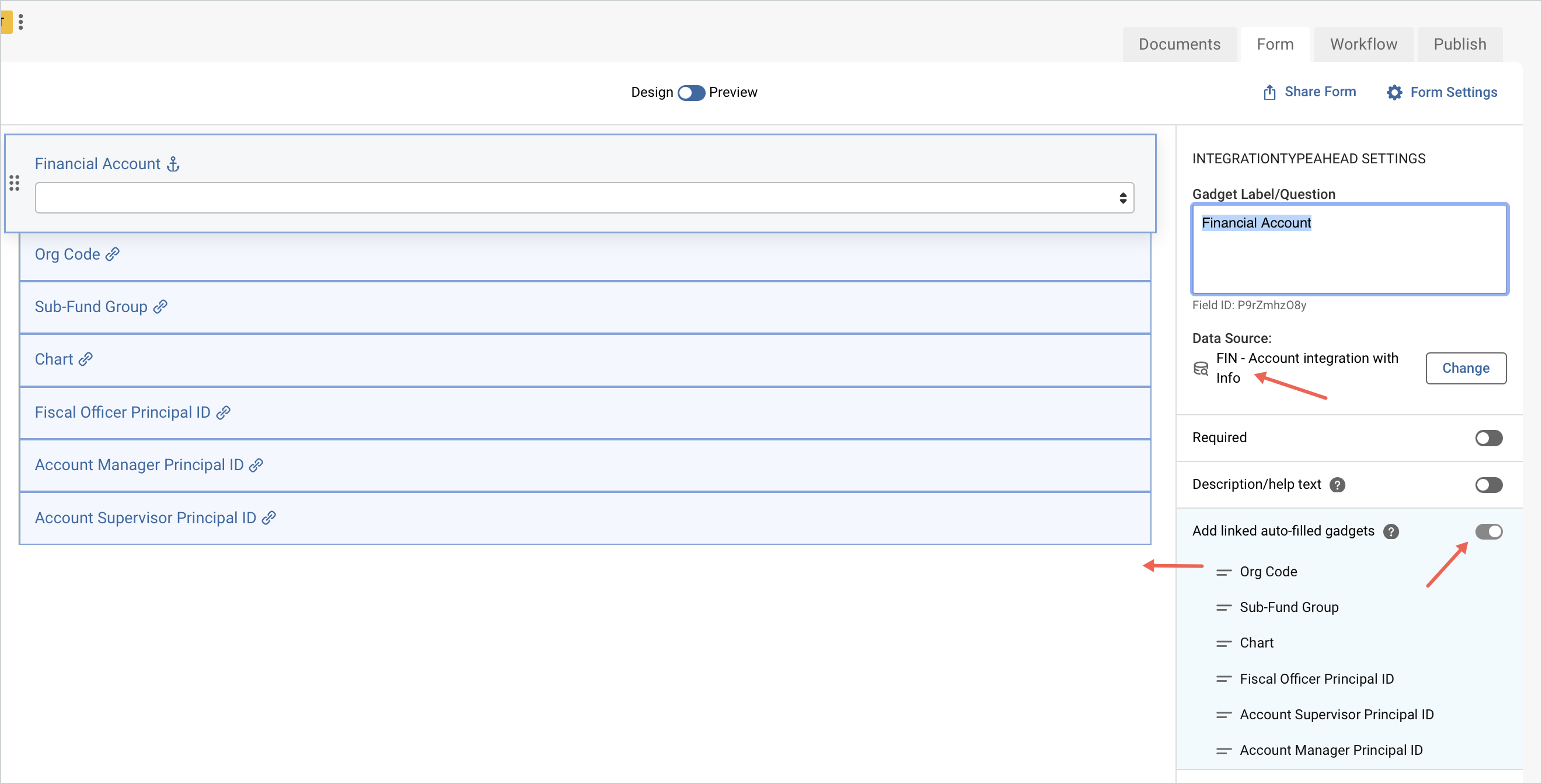 Screenshot showing Financials integration on a form with auto-linked gadgets