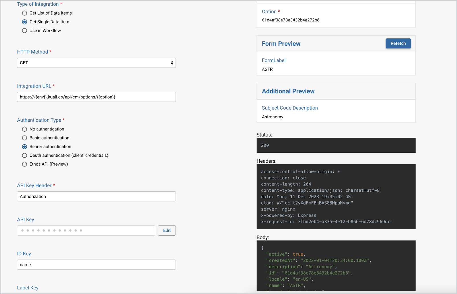 Screenshot showing an integration being created to reference data