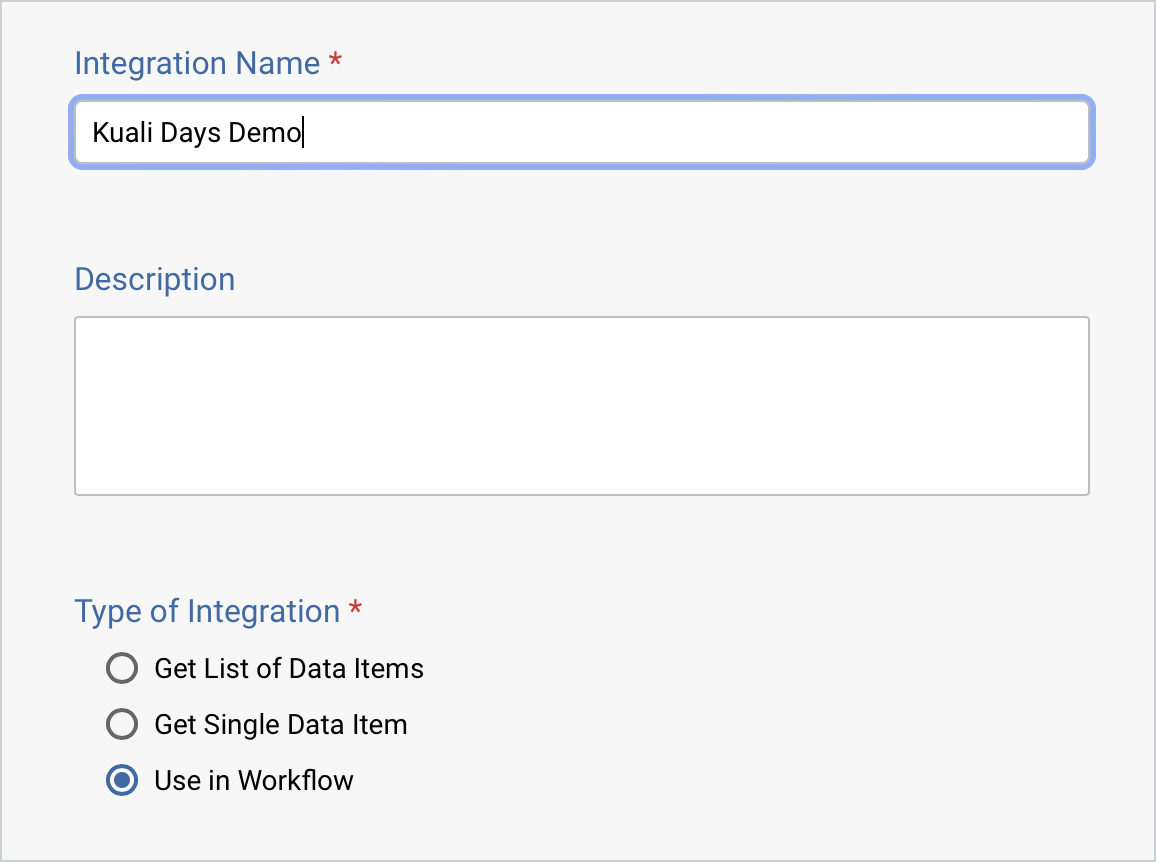 Screenshot of adding a new integration for workflow