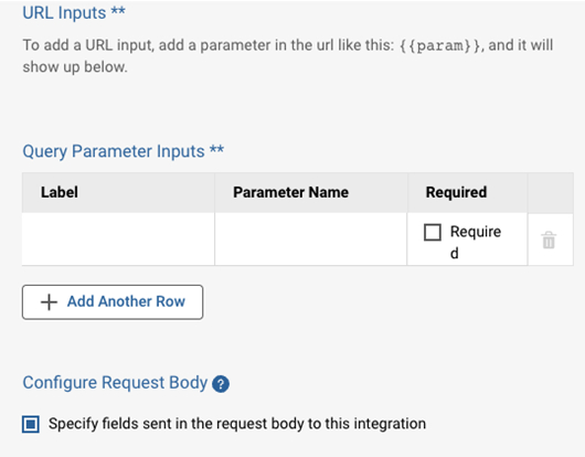 Screenshot o URL inputs when adding an integration to a workflow