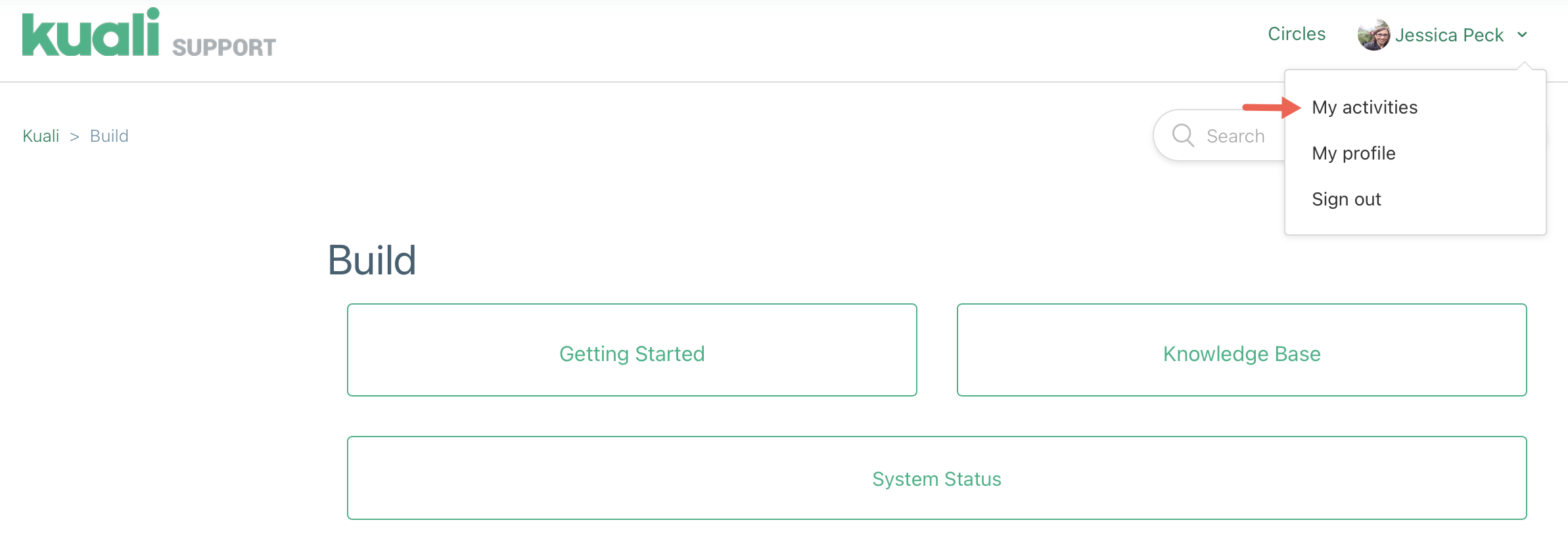 Screenshot showing the My Activities option under a users account