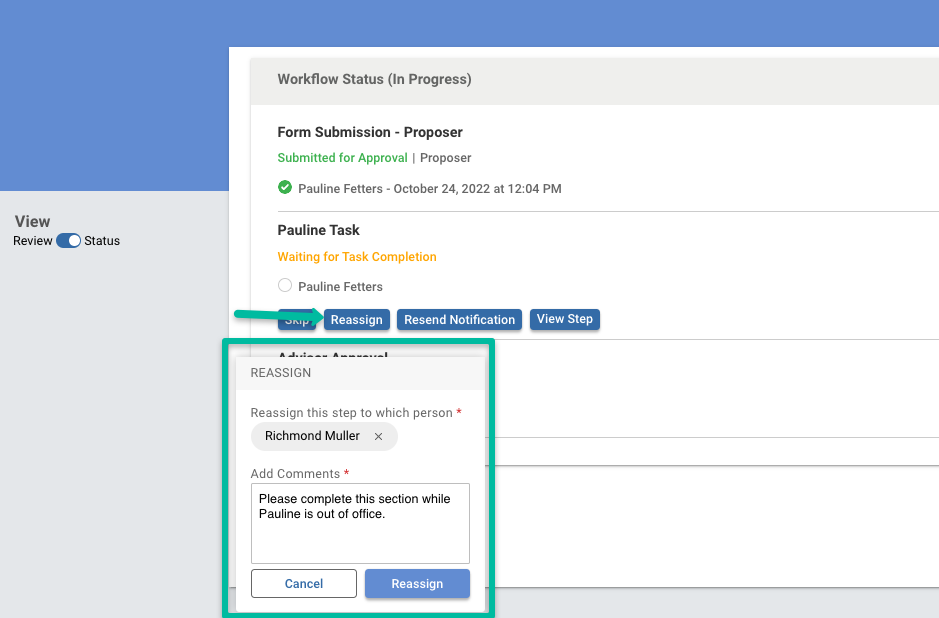 Screenshot of reassigning a step