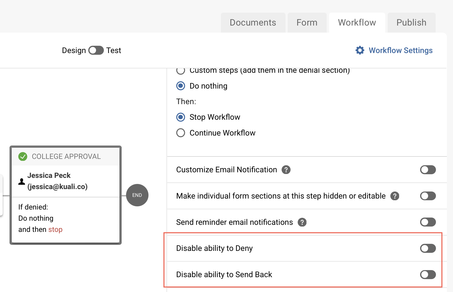 Screenshot showing where to disallow send back and denial on a step