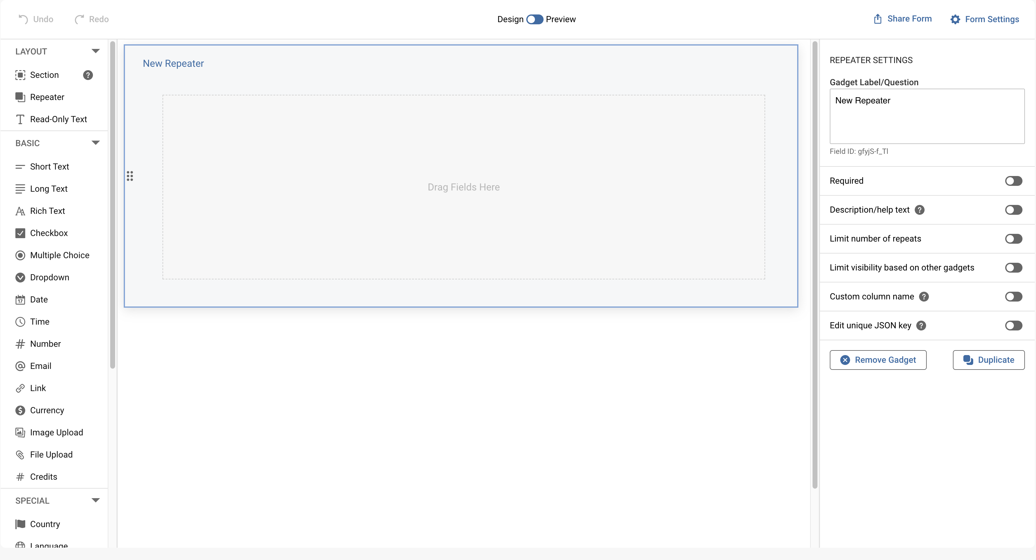 Screenshot showing where to drag the repeater gadget into the form