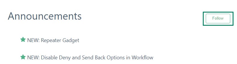 Screenshot highlighting the Follow button for announcements