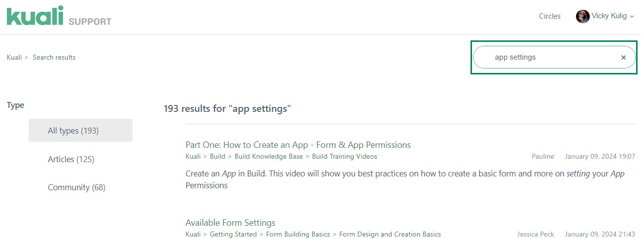 Screenshot of search results