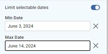 limit selectable date setting selected with provided range
