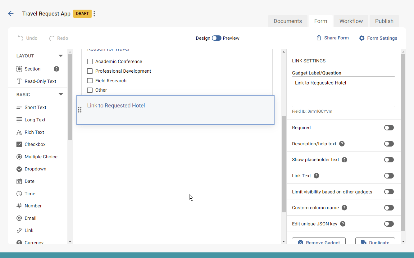 Gif demonstrating how to add the link text gadget