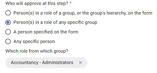 Person(s) in a role of any group who will approve at this step