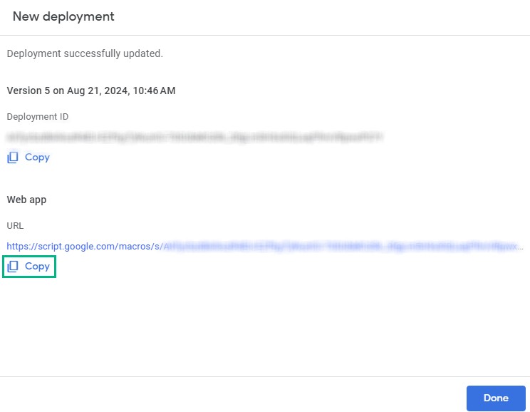 New Deployment screen with Web App URL