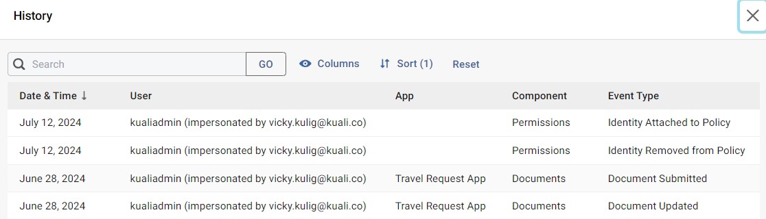 Screenshot showing the history