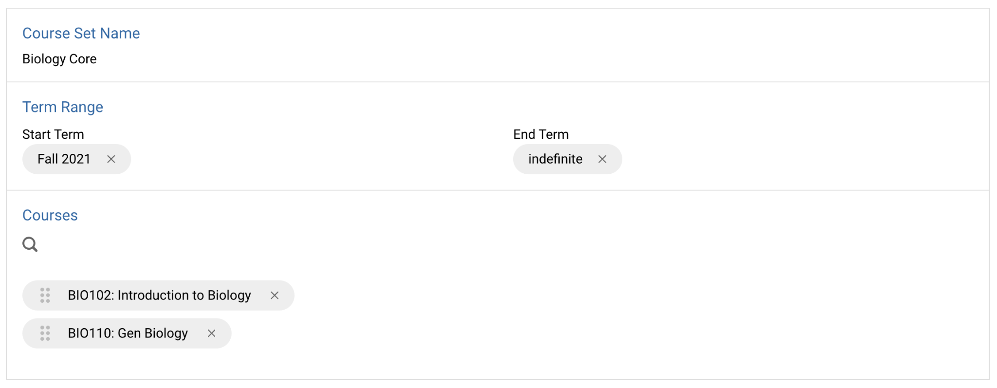 Academic Ops - Example of the Course Sets list view, showing existing course sets with columns for name, terms, and status