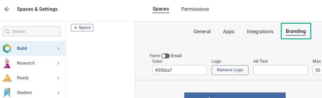 Screenshot of the Branding Tab within Spaces & Settings