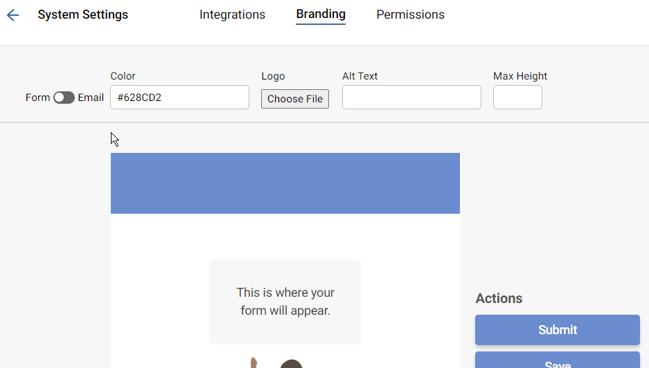 Gif demonstrating the toggle between form and email in branding