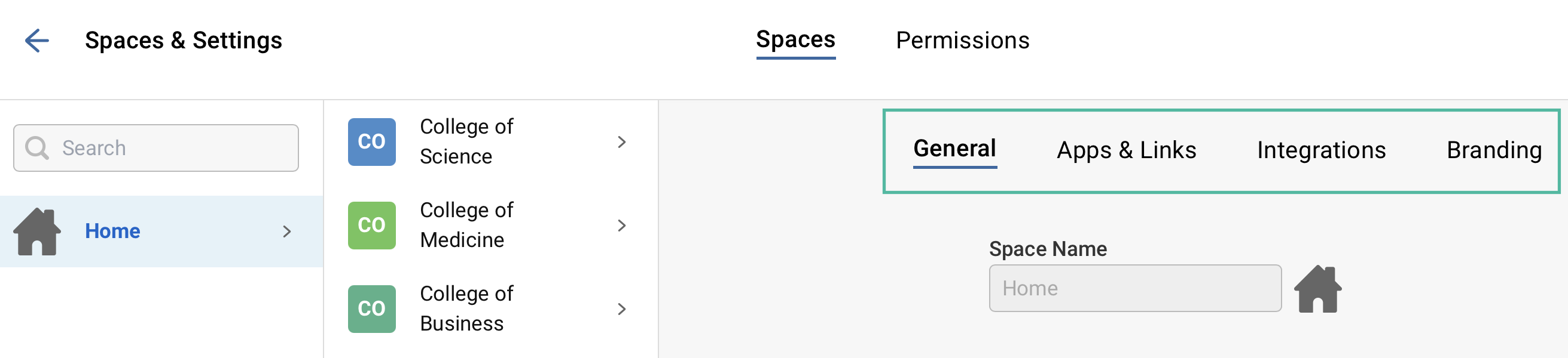 Screenshot showing the options within spaces