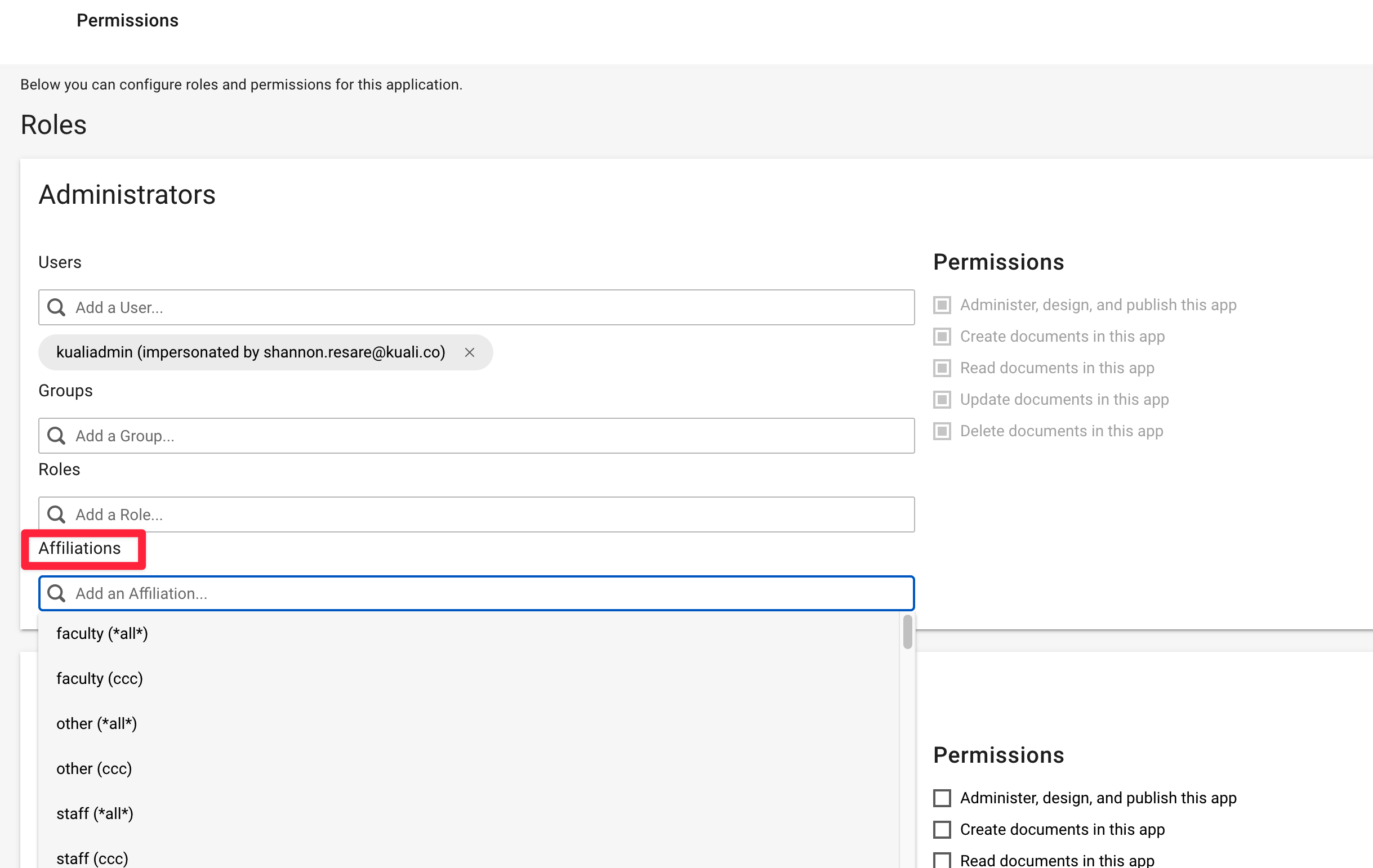 Screenshot highlighting affiliations within a role