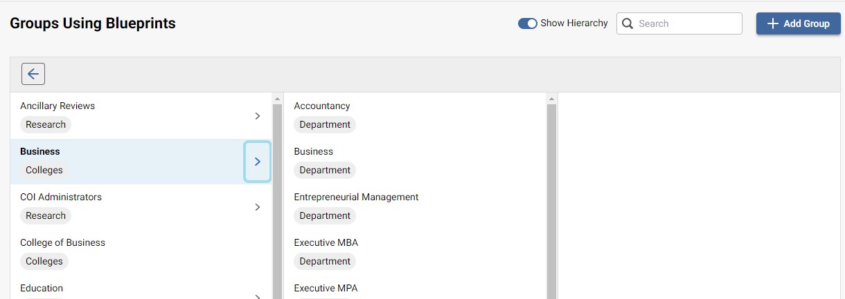 Screenshot showing all of the groups using a blueprint