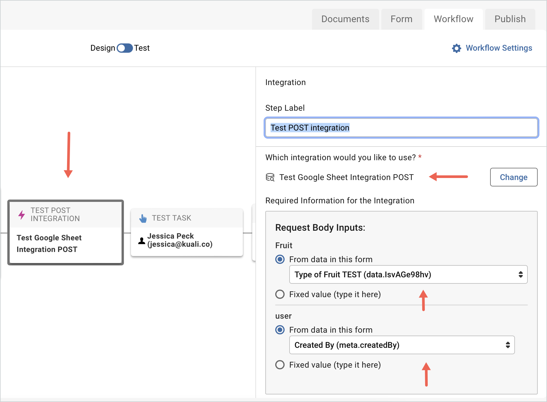 Screenshot of integration in workflow
