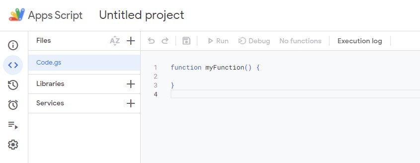 Screenshot of new project in Google Scripts
