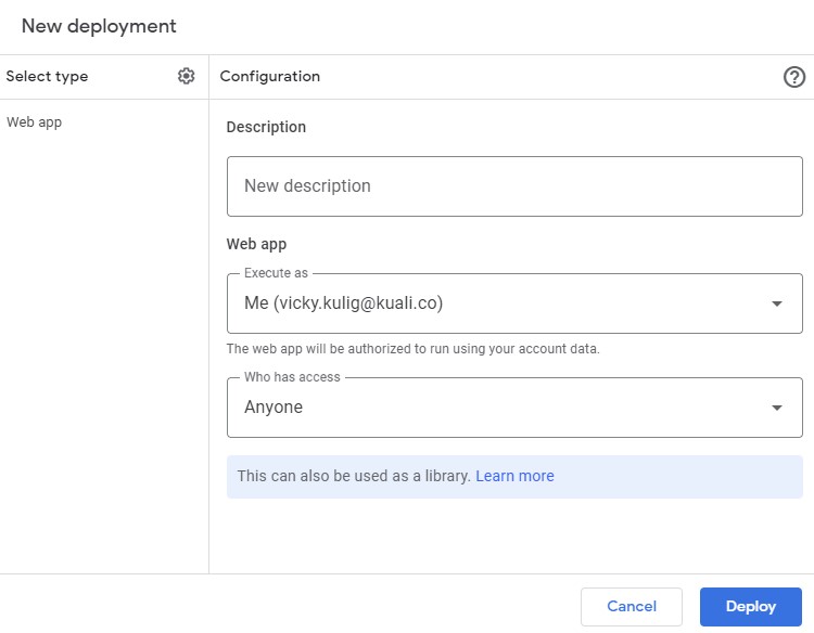Screenshot of the New Deployment configuration