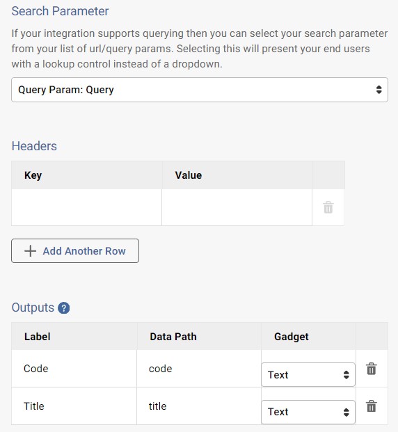 Screenshot of Search Parameters for an Integration