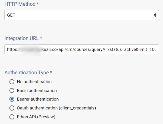 Screenshot of an integration HTTP Method settings