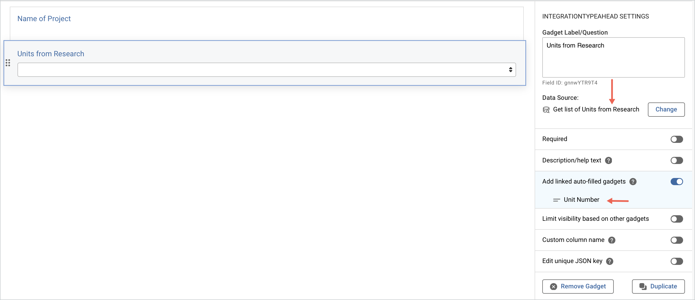 Screenshot of the Units from Research list as a data source on a form