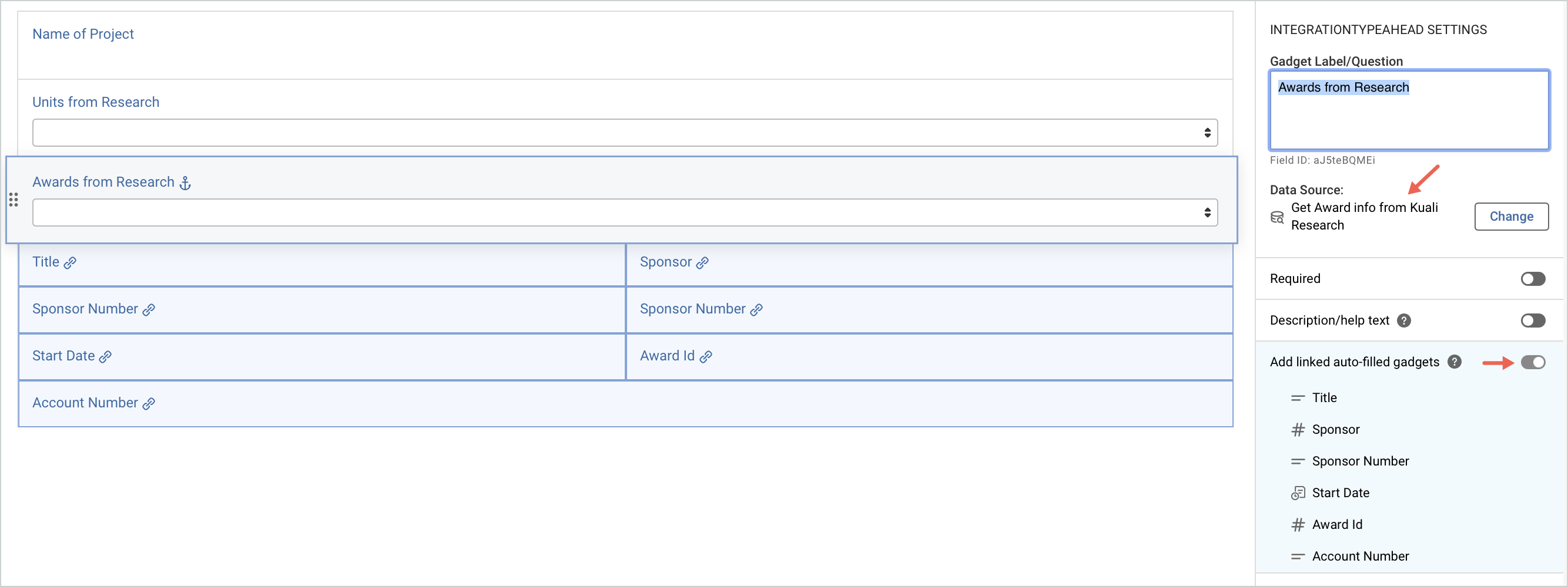 Screenshot showing the awards from Research info as a data source on a form