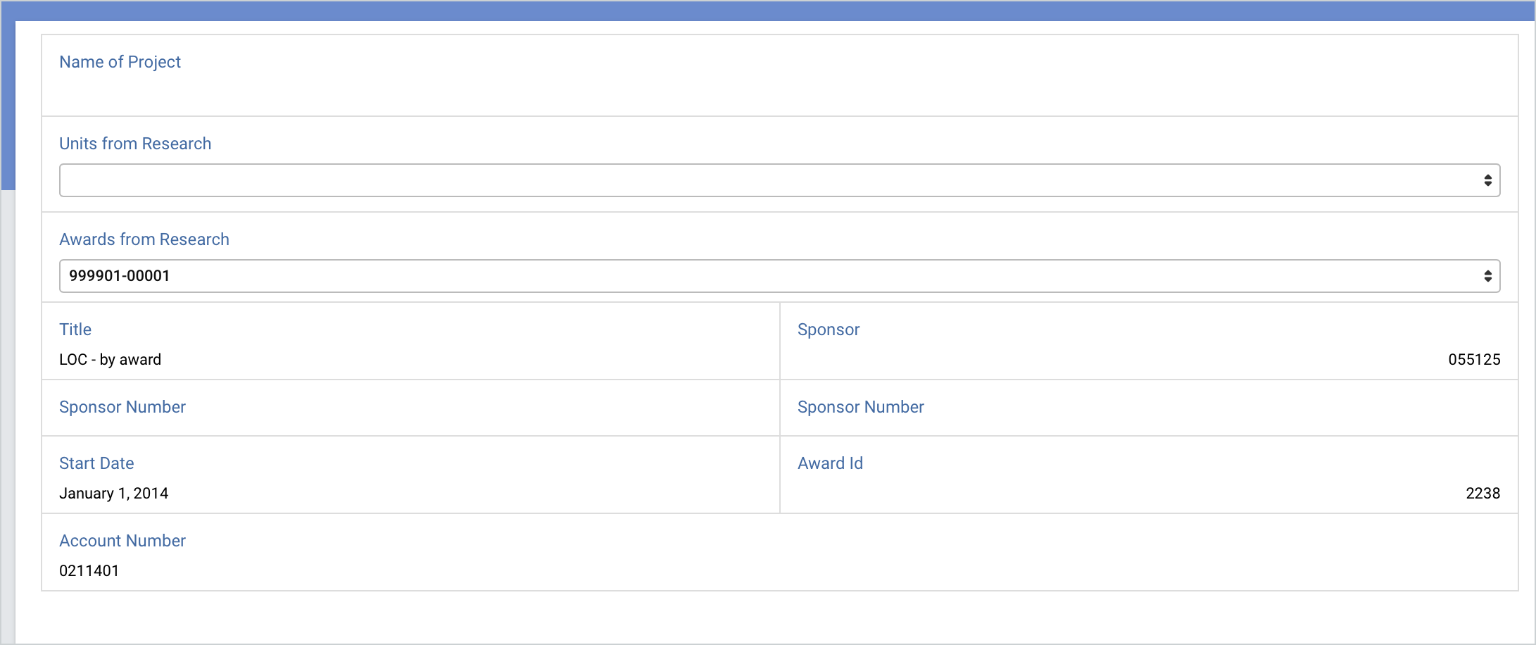 Screenshot of the awards information on a form for selection