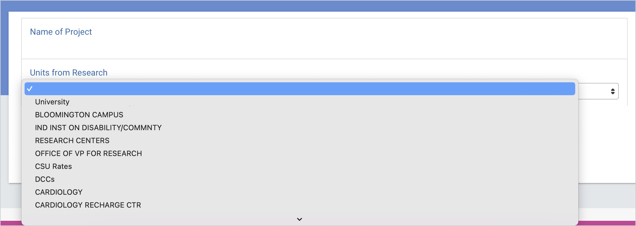 Screenshot of the units from Research on the form 