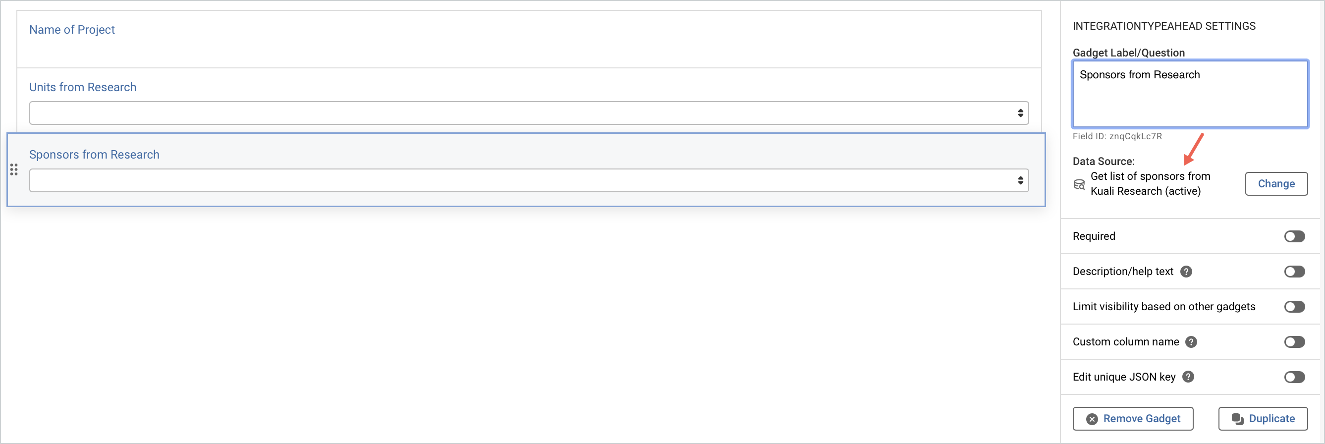 Screenshot of Sponsors from Research being added to a form