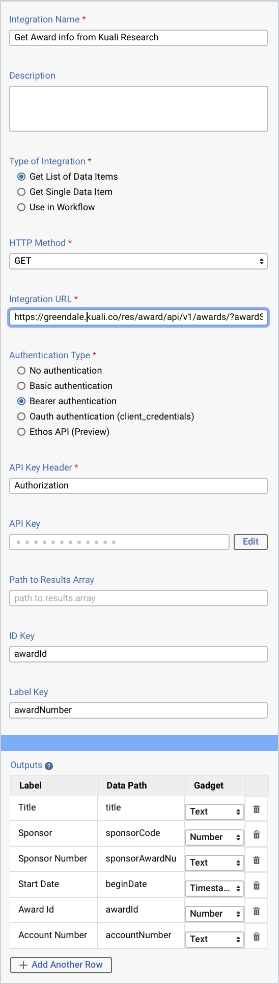 Screenshot of integration settings to get award info from Research