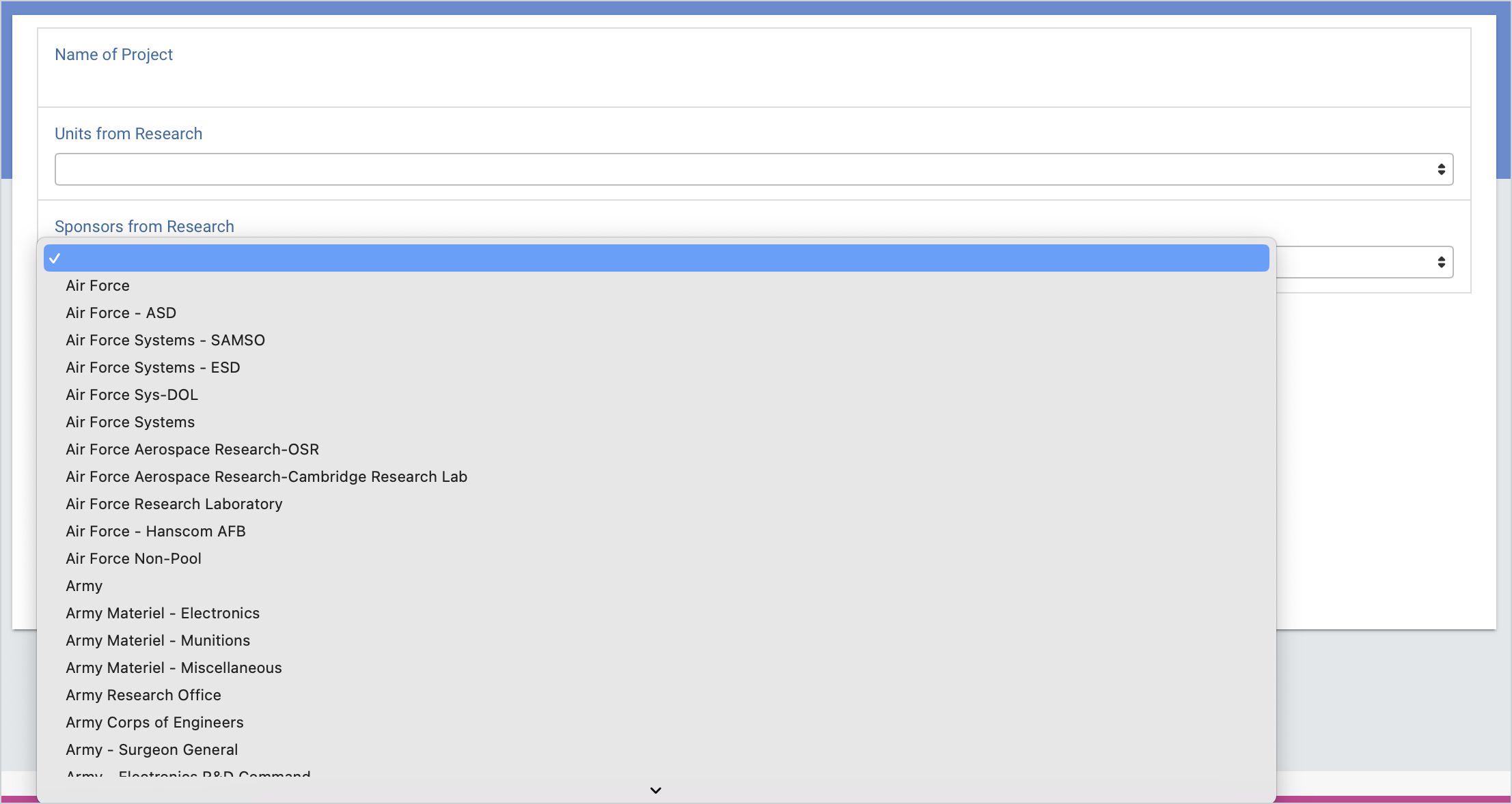 Screenshot of sponsors available for selection on a form