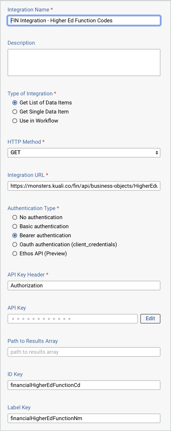Screenshot of integration settings connecting to Financials Higher Ed Function Codes