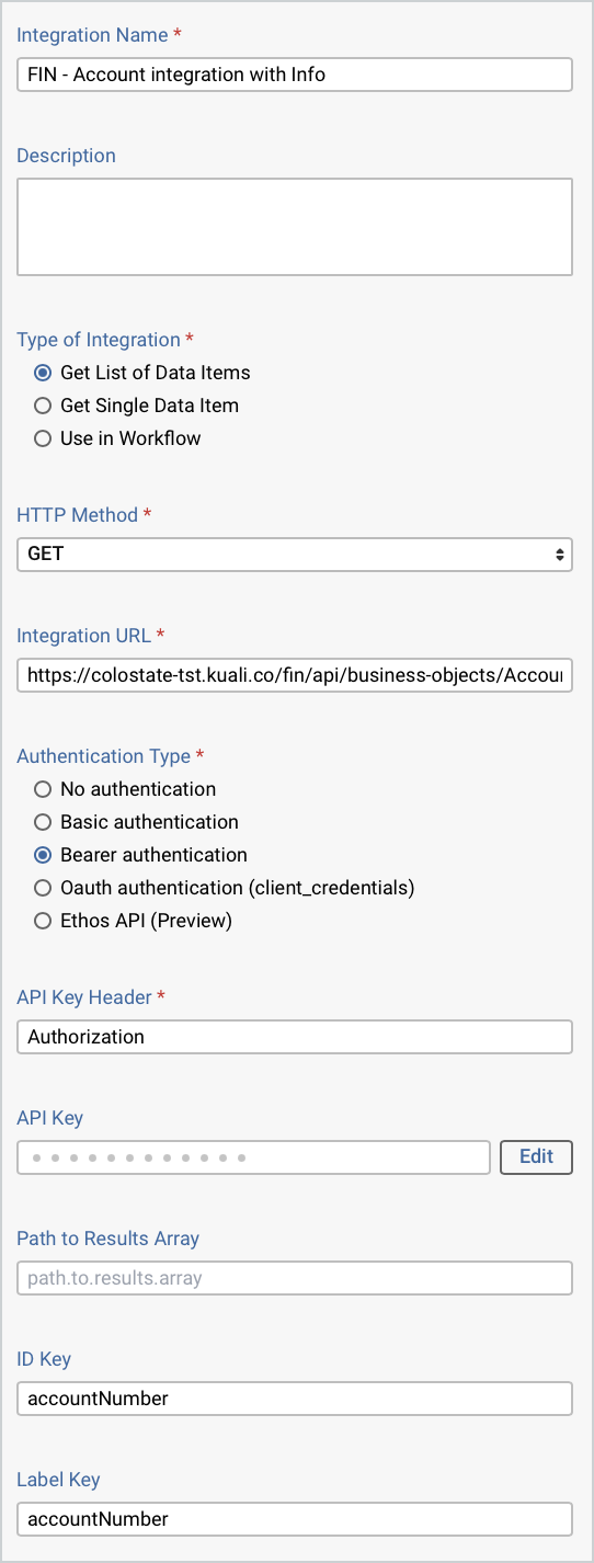 Screenshot showing Integration Settings of Financial Account Integration with Info
