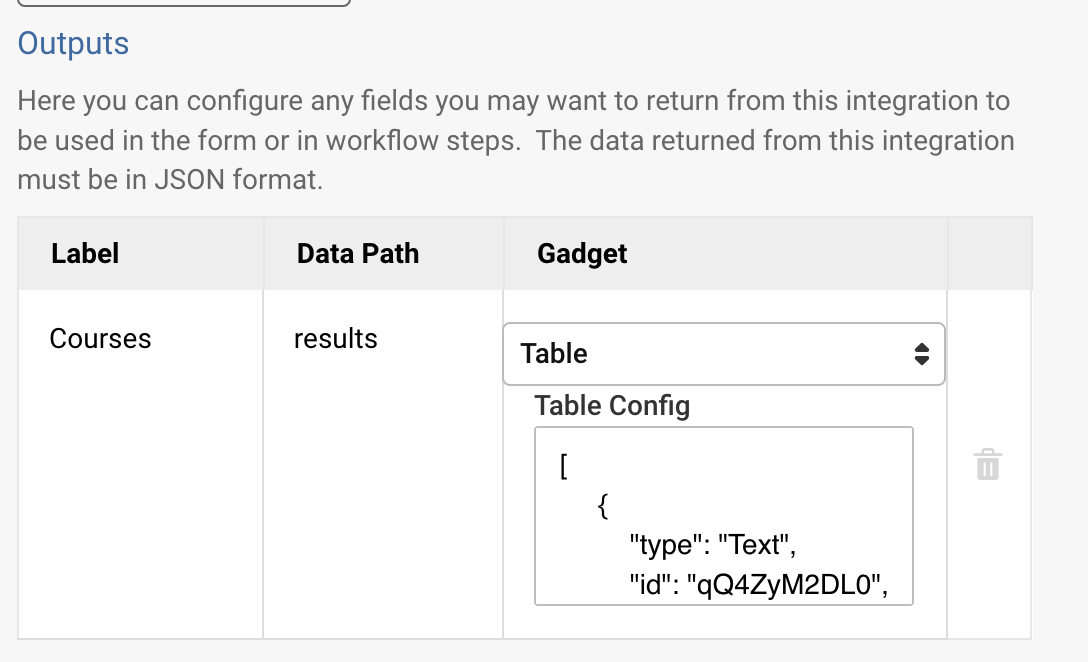 Platform - Integrations - Table Output configuration