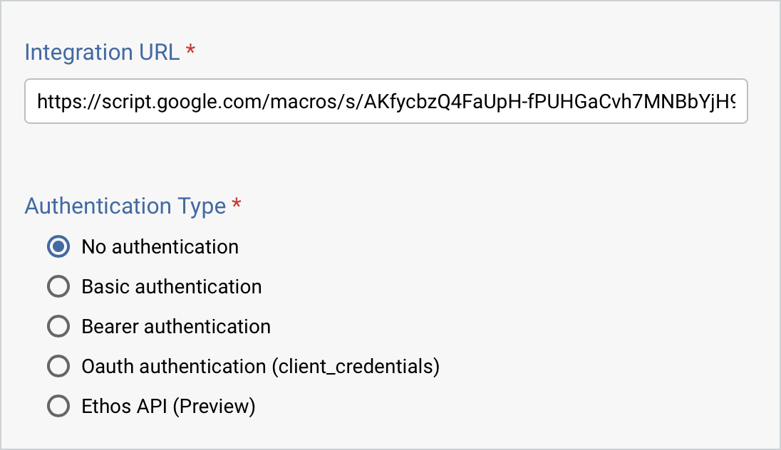Authentication Type options below Integration URL