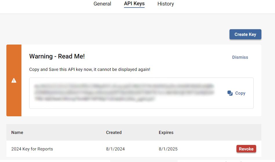 Screenshot showing API Key generation