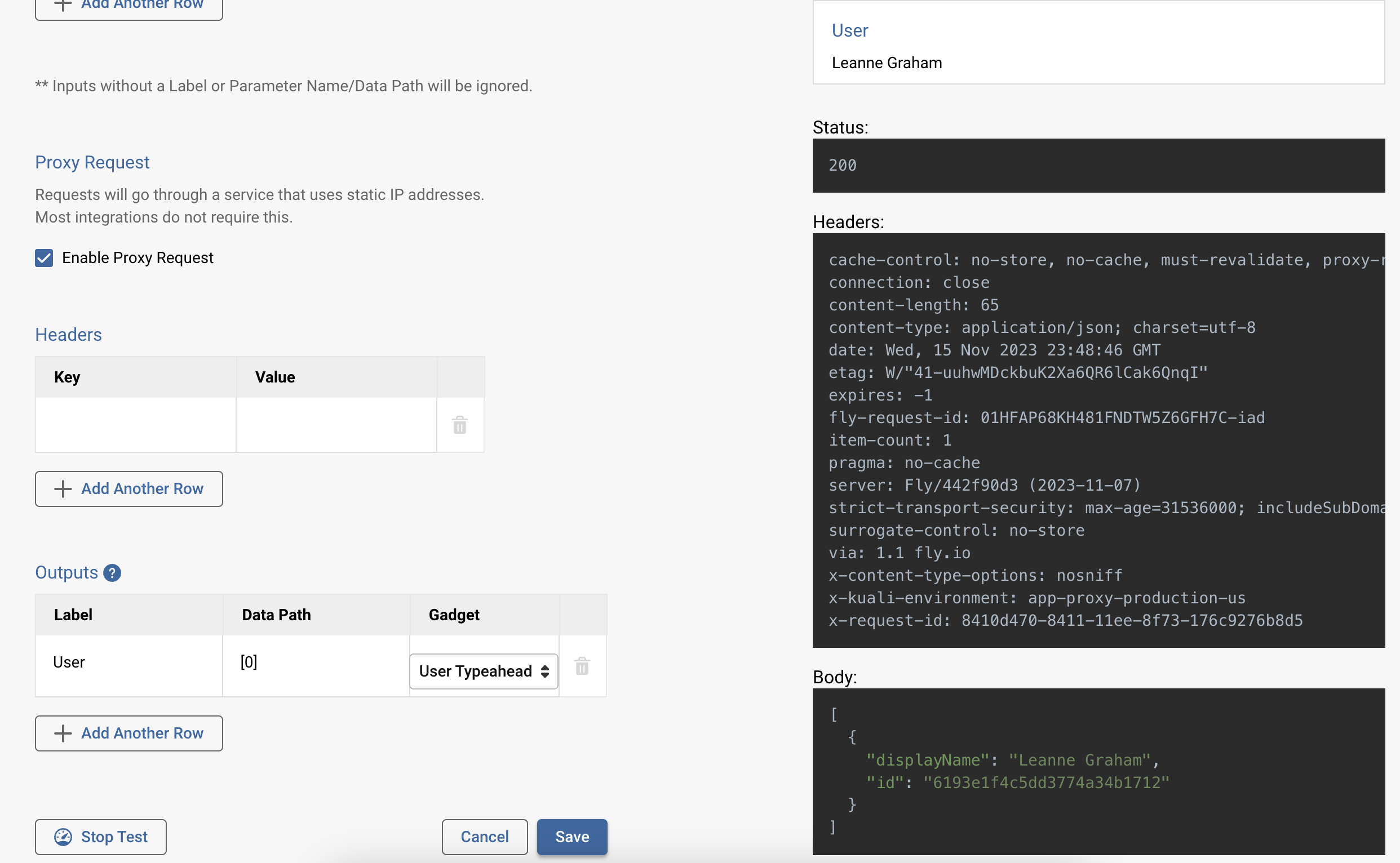Screenshot of an integration test