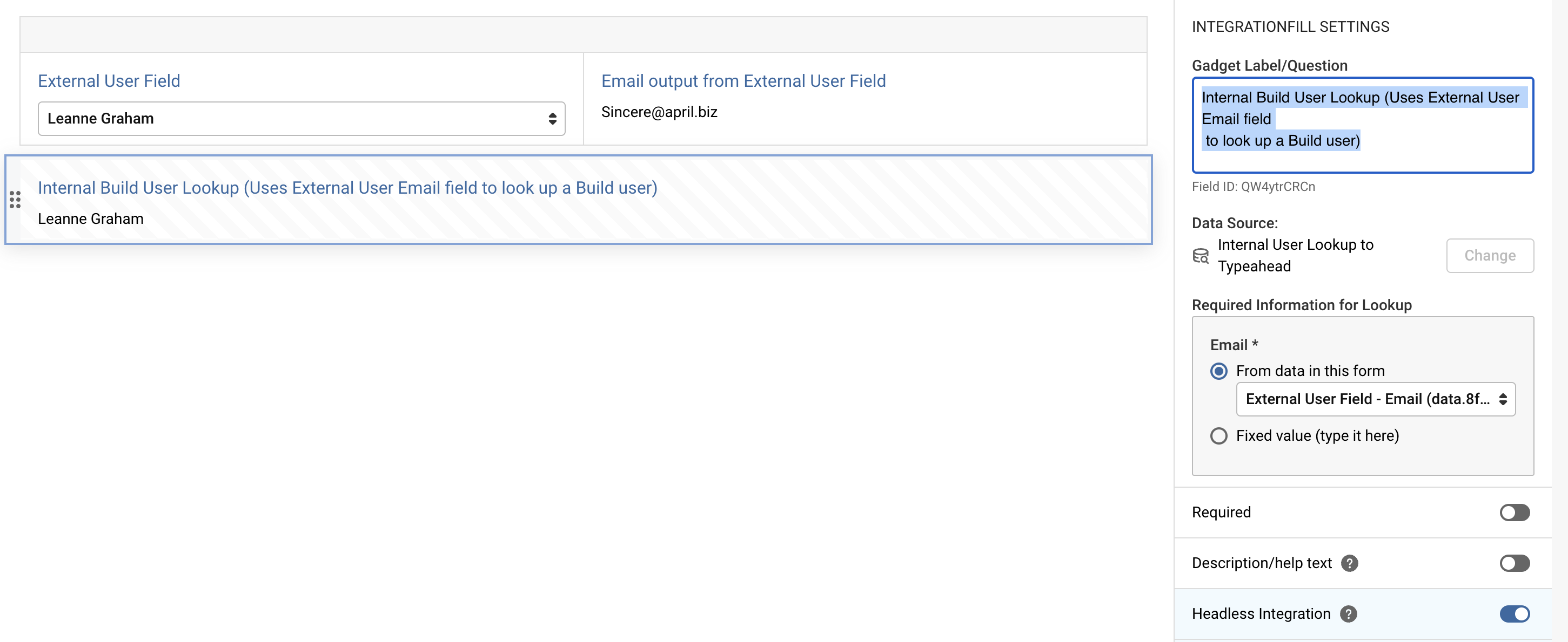 Screenshot of the integration on the form