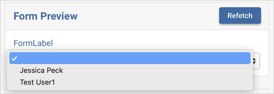 Screenshot of users available in the dropdown menu