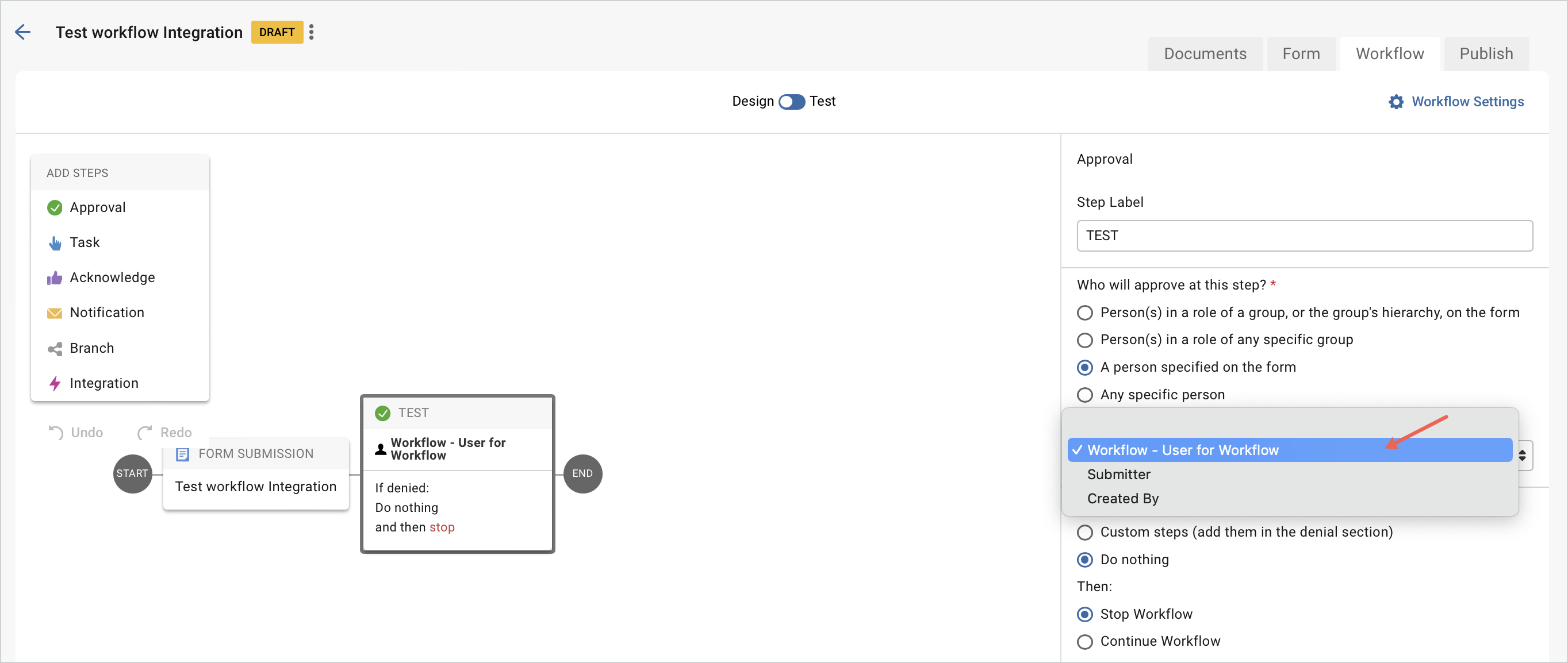 Screenshot of workflow with user selection